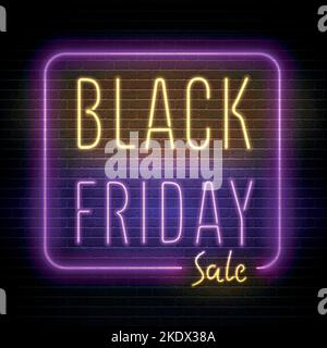 Solde du Vendredi fou, modèle de bannière vecteur de la plus grande vente de l'année. Réduction de prix conception minimale d'autocollant. Boîte lumineuse au néon jaune violet avec promotion sur l'offre de réduction annuelle Illustration de Vecteur