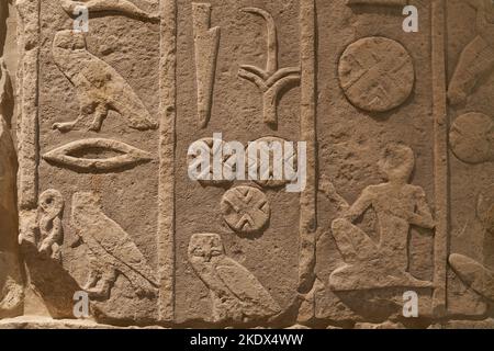 Texte ancien sous forme de hiéroglyphes égyptiens sur un mur de calcaire Banque D'Images