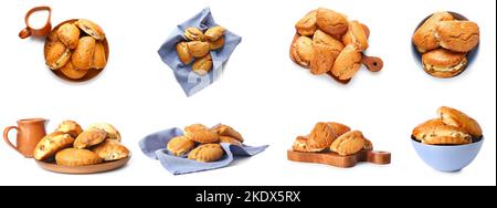 Ensemble de sochniki savoureux avec fromage cottage sur fond blanc Banque D'Images