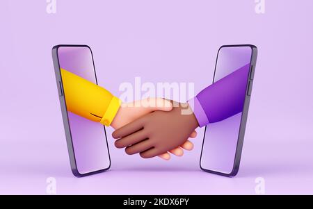 3d effectuez une liaison de rendu via les écrans du smartphone. Hommes d'affaires noirs et blancs qui se secouent après une négociation réussie, un contrat en ligne, une réunion à distance Illustration en plastique de dessin animé Banque D'Images