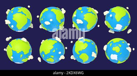 Earth Planet caricature 3D feuille d'image-objet d'animation en rotation. Modèle de globe isolé avec les océans, les terres principales et les nuages rotation de surface texturée, cadre de séquence de tournage et de déplacement autour de l'orbite, ensemble Banque D'Images