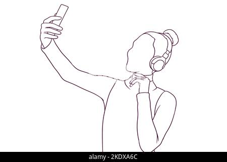 belle fille avec écouteurs prendre selfie. dessin main style illustration vectorielle Illustration de Vecteur