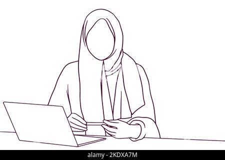 femme d'affaires en hijab travaillant sur un ordinateur portable. illustration vectorielle de style dessiné à la main Illustration de Vecteur