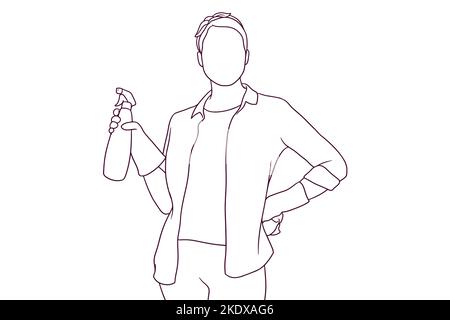 Femme de ménage posant tout en maintenant une serviette et un vaporisateur de bouteille. Concept de nettoyage de maison. Illustration vectorielle de style dessiné à la main Illustration de Vecteur