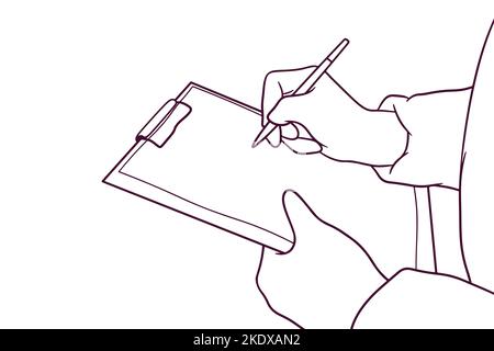 le médecin portant un équipement de protection personnelle écrit une note. illustration vectorielle de style dessiné à la main Illustration de Vecteur