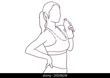 femme en costume de fitness tenant une bouteille d'eau dessinés à la main illustration vectorielle de style Illustration de Vecteur