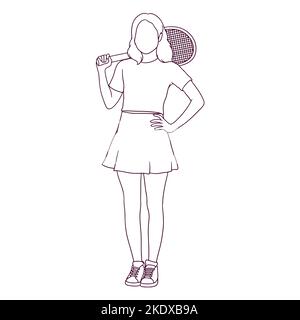 Une jeune joueuse de tennis tient une raquette. Illustration vectorielle de style dessiné à la main Illustration de Vecteur