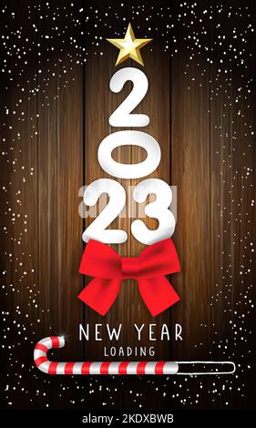 Nouvel an 2023 - chargement, carte de vœux avec numéros en papier, noeud rouge et étoile dorée. Merry Christmas Creative design pour Noël bannière de vente. Carte vectorielle Illustration de Vecteur