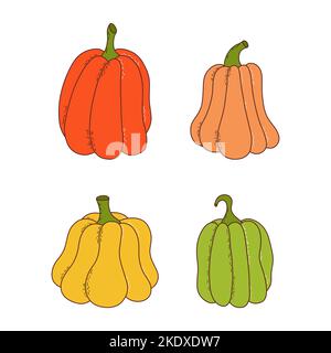 Ensemble de citrouilles de différentes formes et couleurs. Éléments de Thanksgiving et d'halloween. Illustration vectorielle de style dessiné à la main Illustration de Vecteur