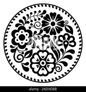 Le style art populaire mexicain vector rond motif floral dans le cadre, la nature noir et blanc mandala composition inspirée par les dessins traditionnels de broderie fro Illustration de Vecteur