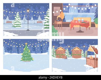 Scènes d'hiver en plein air la veille de Noël jeu d'illustrations vectorielles couleur plates Illustration de Vecteur