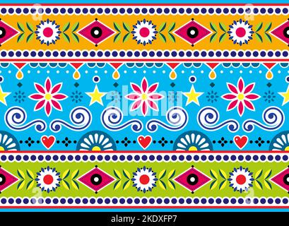 Motif vectoriel pakistanais et indien sans couture, motif camion de jingle, décoration horizontale longue avec fleurs et formes abstraites Illustration de Vecteur