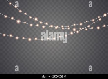 Les lumières de Noël sont isolées. Des lumières lumineuses pour les cartes de Noël, les bannières, les affiches et la conception de sites Web. Guirlande de guirlandes. Illustration de Vecteur