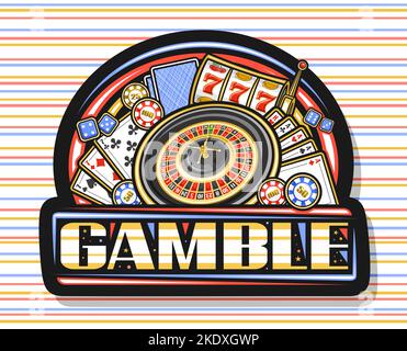 Logo vectoriel pour Gamble, panneau noir pour casino avec illustration de roulette européenne, pièces de casino colorées, poker quatre d'une sorte, gamb bleu Illustration de Vecteur