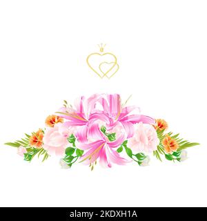 Carte de voeux bouquet de fleurs, avec des lys roses, roses claires et de la cresson vintage vecteur illustration modifiable main dessiner Illustration de Vecteur