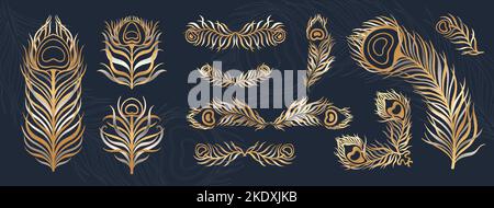 Ensemble de plumes de paon de style vintage. Art déco, nouveau 1920-1930 design. Illustration de Vecteur