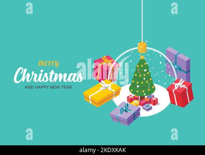 Boule transparente en verre de Noël avec arbre à l'intérieur sur la neige. Joyeux Noël et Bonne Année. Illustration vectorielle Illustration de Vecteur