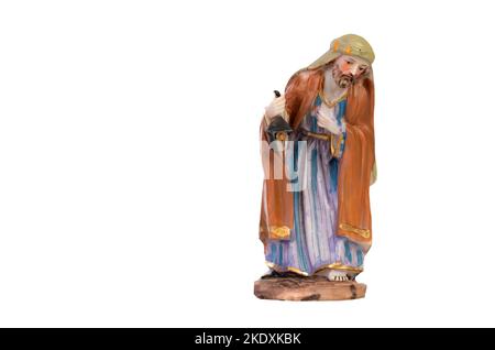 Figure en céramique représentant Joseph. Figurine homme en céramique isolée sur fond blanc Banque D'Images