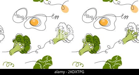 Brocoli et oeufs frits vecteur keto régime petit déjeuner modèle ou texture. Un dessin en continu avec brocoli et œufs frits Illustration de Vecteur