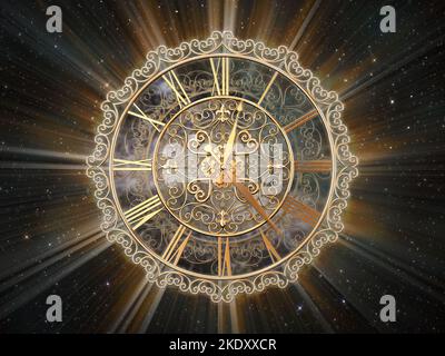 Horloge et visages dorés ornés avec effets de lumière sur l'arrière-plan de l'espace. Concept infini de temps. 3D illustration. Banque D'Images