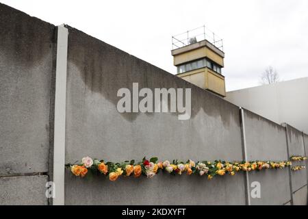 Berlin, Allemagne 09 novembre 2022, Berlin, Berlin/Potsdam: Lors de la commémoration centrale de l'anniversaire de la chute du mur de Berlin en 33rd, des roses sont coincées dans le soi-disant mur avant du Mémorial du mur de Berlin. Photo: Joerg Carstensen/dpa crédit: dpa Picture Alliance/Alay Live News Banque D'Images