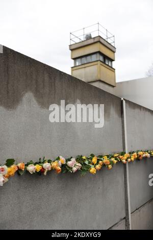 Berlin, Allemagne 09 novembre 2022, Berlin, Berlin/Potsdam: Lors de la commémoration centrale de l'anniversaire de la chute du mur de Berlin en 33rd, des roses sont coincées dans le soi-disant mur avant du Mémorial du mur de Berlin. Photo: Joerg Carstensen/dpa crédit: dpa Picture Alliance/Alay Live News Banque D'Images