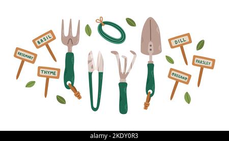 Ensemble d'outils de jardinage isolés sur blanc. Ensemble d'équipements pour les plantes domestiques. Illustration vectorielle plate. Illustration de Vecteur