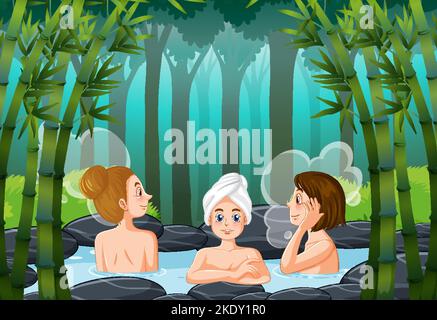 Femmes dans le bain thermal dans l'illustration de forêt de bambou Illustration de Vecteur