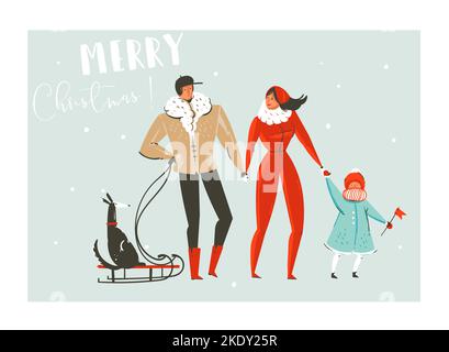 Dessin à la main vecteur résumé amusant Merry Christmas Time dessin animé ensemble avec la famille marchant dans des vêtements d'hiver et chien sur traîneau isolé sur bleu Illustration de Vecteur