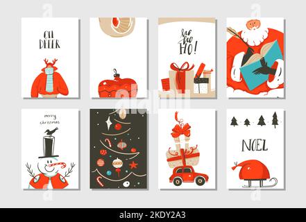 Dessin à la main vecteur résumé amusant Merry Noël époque cartoon cartes collection ensemble avec des illustrations mignonnes, boîtes cadeau surprise, arbre de Noël et Illustration de Vecteur