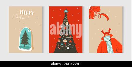 Dessin à la main vecteur résumé amusant Merry Christmas Time cartoon cartes collection ensemble avec de mignons illustrations isolées sur fond de papier artisanal Illustration de Vecteur