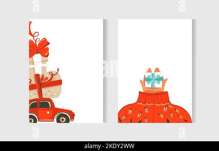 Dessin à la main vecteur résumé amusant Merry Christmas Time cartoon cartes collection ensemble avec de mignons illustrations et boîtes cadeau surprise isolées sur blanc Illustration de Vecteur