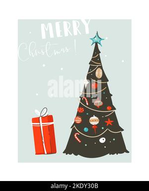 Dessin à la main vecteur résumé amusant Merry Christmas Time caricature carte d'illustration avec arbre de Noël et boîtes-cadeaux surprise de Noël isolées sur bleu Illustration de Vecteur
