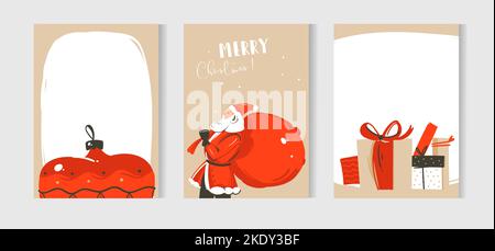 Dessin à la main vecteur résumé amusant Merry Christmas Time caricatures illustrations cartes collection ensemble avec le Père Noël, boîtes-cadeaux surprise et arbre de Noël Illustration de Vecteur