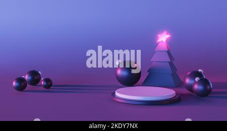 3D 000 boules sombres dispersées autour d'un arbre de Noël graphique simple avec étoile au néon rose brillant sur le dessus Banque D'Images