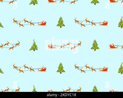 Pixel Santa Claus dans un traîneau avec renne. Motif de Noël sans couture avec le Père Noël, les cerfs et les sapins dans un style artistique de 80s pixels. Design festif pour Illustration de Vecteur