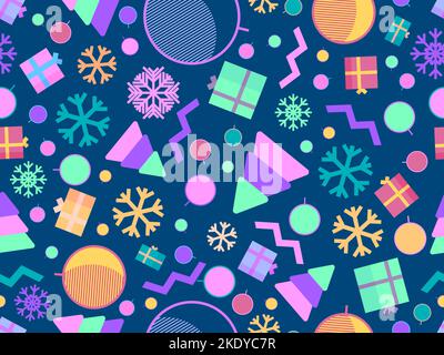 Motif de Noël sans coutures avec flocons de neige et 3D boîtes-cadeaux. Les éléments géométriques de Memphis dans le style 80s. Design de Noël pour l'impression sur matériel promotionnel Illustration de Vecteur