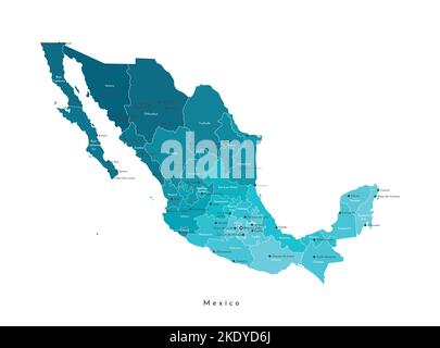 Illustration vectorielle isolée. Carte administrative simplifiée du Mexique (États-Unis du Mexique). Formes bleues des régions. Noms des villes mexicaines et de la STA Illustration de Vecteur