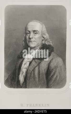 Benjamin Franklin (1706-1790). Scientifique, inventeur et homme politique américain. En 1776, il écrit, avec Jefferson et John Adams, la Déclaration d'indépendance des États-Unis d'Amérique. Portrait. Gravure par Geoffroy. 'Historia Universal', par César Cantú. Volume VI 1857. Banque D'Images