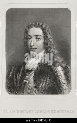 Charles VI (1685-1740). Empereur romain Saint (1711-1740). Portrait. Tendre au trône d'Espagne comme Charles III Gravure par Geoffroy. 'Historia Universal', par César Cantú. Volume VI 1857. Banque D'Images