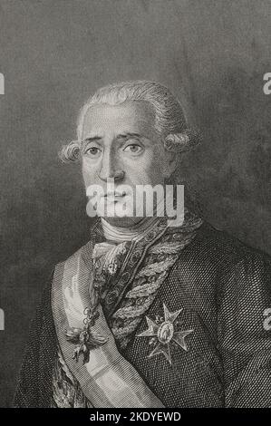 José Moñino y Redondo, 1st comte de Floridblanca (1728-1808). Homme d'État espagnol. Secrétaire d'État (1777-1792). Portrait. Gravure par J. Amills. 'Historia Universal', par César Cantú. Volume VI 1857. Banque D'Images