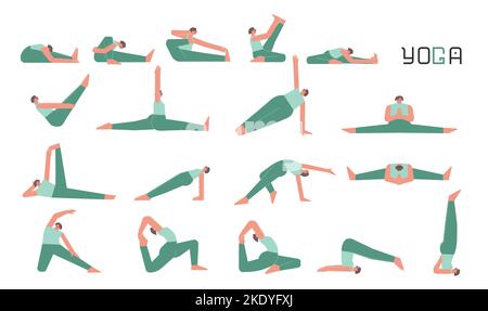 Collection d'illustrations vectorielles plates avec personnage adulte féminin faisant du yoga. La femme européenne apprend des postures étirements assis. Jeu de sports de base exe Illustration de Vecteur