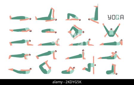 Collection d'illustrations vectorielles isolées à plat avec personnage féminin faisant du yoga. La femme caucasienne apprend à se coucher sur le dos et à se faire une posture en planche. Ensemble de base s Illustration de Vecteur