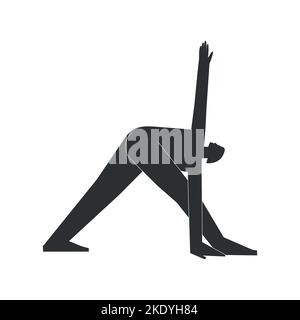 Illustration vectorielle isolée avec silhouette noire plate de caractère femelle. La femme sportive apprend la posture du yoga Parivrtta Trikonasana. Exercice de fitness Illustration de Vecteur