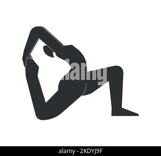 Illustration vectorielle avec silhouette noire plate de personnage féminin. La femme sportive apprend la posture du yoga Eka Pada Rajakapotasana 2. Exercice physique - O Illustration de Vecteur