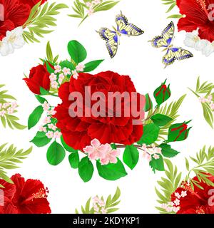Texture sans couture rouge hibiscus fleurs tropicales et rose rouge avec jasmin et papillon vintage vecteur d'illustration modifiable dessiné à la main Illustration de Vecteur