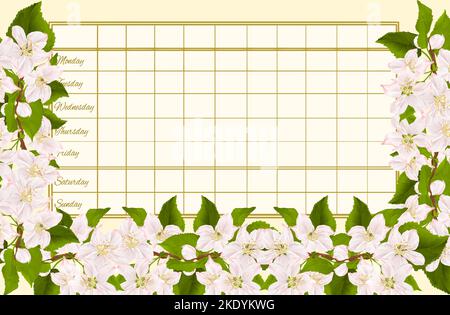 Calendrier horaire hebdomadaire avec branche de pommier avec fleurs vecteur vintage Illustration modifiable dessin à la main Illustration de Vecteur