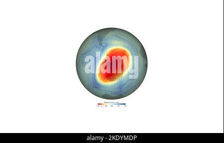 Le trou annuel d'ozone dans l'Antarctique a atteint une superficie moyenne de 23,2 millions de kilomètres carrés entre 7 septembre 2022 et 13 octobre 2022. Cela est déploré Banque D'Images