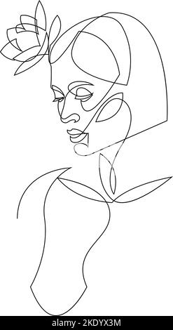 Logo minimaliste Woman Line art. Maquillage naturel de cosmétiques biologiques. Dessin de ligne d'illustration féminine à tête de fleur. Visage de femme avec ligne de fleurs Illustration de Vecteur