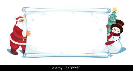 Le Père Noël et le bonhomme de neige tiennent un écriteau avec un espace pour le texte, une bannière de voeux de Noël, une invitation. Personnages de dessin animé mignons pour un dessin moderne Illustration de Vecteur